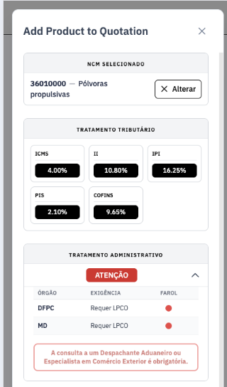 Mobile quote — product, NCM, and tax breakdown